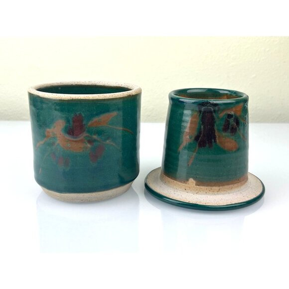 Studio Art Pottery Butter Keeper Crock w/ Lid Green Artist Signed Sun Valley, ID - Picture 2 of 16
